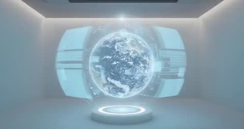 Futuristic Earth Hologram Rotating in Advanced Technology Chamber