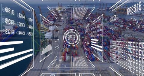 Container terminal hud overlay showing smart port telemetry and cargo logistics management
