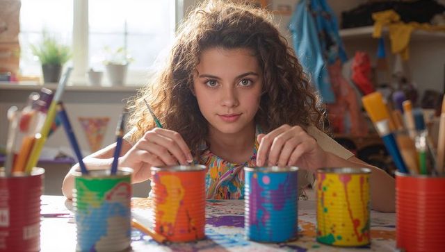 Creative teen girl decorating colorful painted tin cans in bright home craft studio diy decor