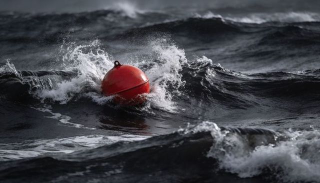 Bobbing red navigation buoy battling cresting storm waves offshore dramatic marine signal
