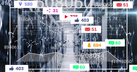 Data Analytics Concept in Computer Server Room with Social Media Icons