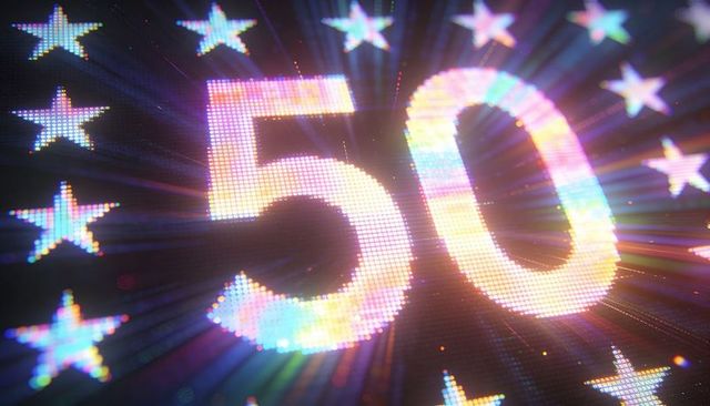 Celebrating 50 milestone with holographic led numerals and radiant starburst glow