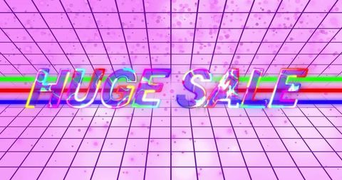 Futuristic neon sale advertisement with glitch effect on pink grid