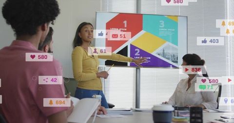 Businesswoman Leading Presentation with Infographics in Modern Office