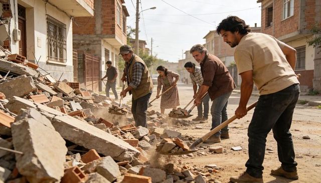 Volunteers shoveling rubble on residential street during community disaster cleanup effort