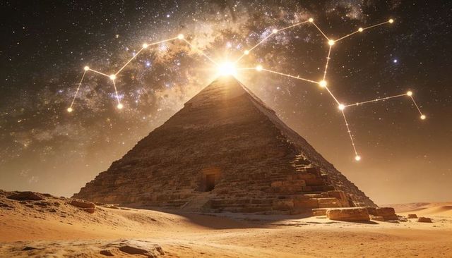 Sunlit pyramid apex aligning with milky way constellations over desert dunes cosmic nightscape