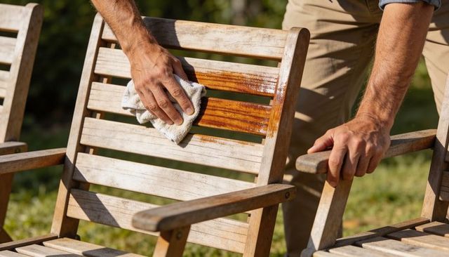 Hands refinishing weathered wooden patio chair with rag, staining outdoor furniture