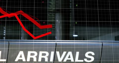 Economic Crisis Illustrated with Declining Graph Over Airport Setting