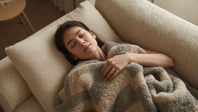 Asian woman resting on beige sofa wrapped in sherpa blanket for cozy home comfort