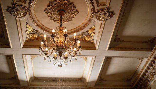 Glittering gilded chandelier casting warm glow over ornate coffered ceiling medallion