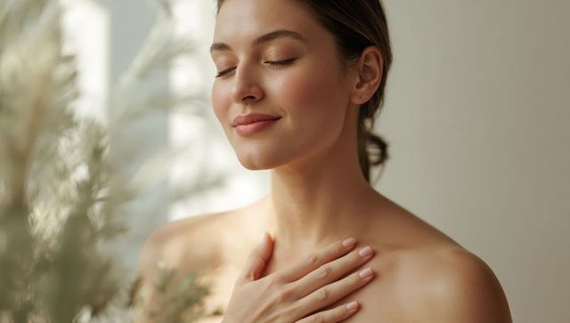 Smiling bare-shouldered woman placing manicured hand on chest with pampas grass and stud earring