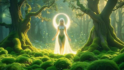 Forest god among moss in enchanted woodland