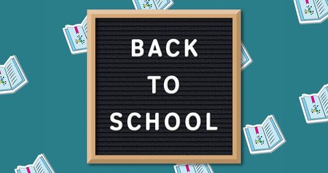 Back to school text on green with school items icons