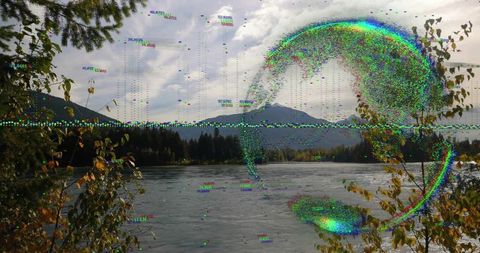 Scenic River Landscape with Surreal Digital Glitch Art