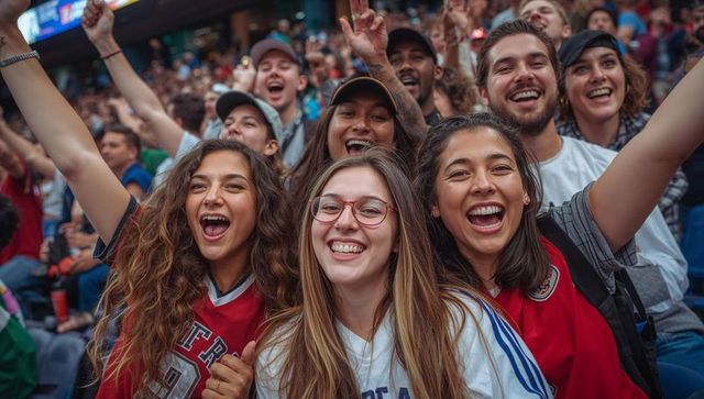 Excited Friends Cheering Energetically in Sports Stadium