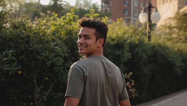 Man walking and smiling over shoulder on urban pathway at golden hour, residential greenery