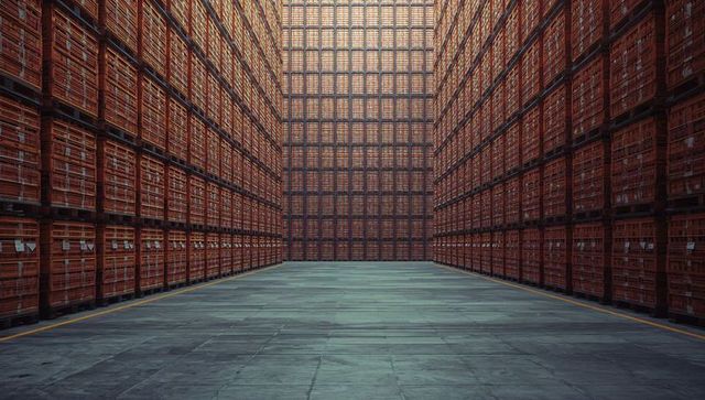 Vast Modern Warehouse with Stacked Orange Crates Exemplifying Efficient Storage
