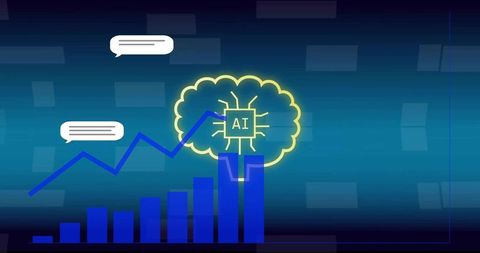 Neon ai brain connecting rising bar chart and jagged analytics line for tech dashboard