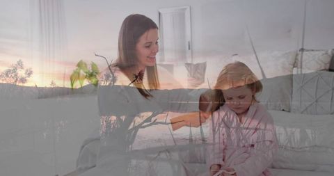 Smiling Mother Brushing Daughter Hair with Sunset Double Exposure, Cozy Morning Bond