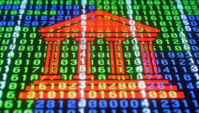 Neon digital bank icon overlaying binary code for cybersecurity and fintech concept