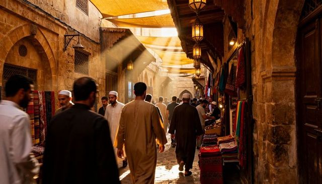 Sunlit middle eastern bazaar alley with shoppers wearing traditional robes and colorful carpets