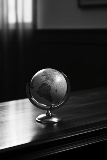 A monochrome image of a globe on a wooden surface, with copy space. Sunlight filters through, highlighting the contours of the continents in a home or office setting.