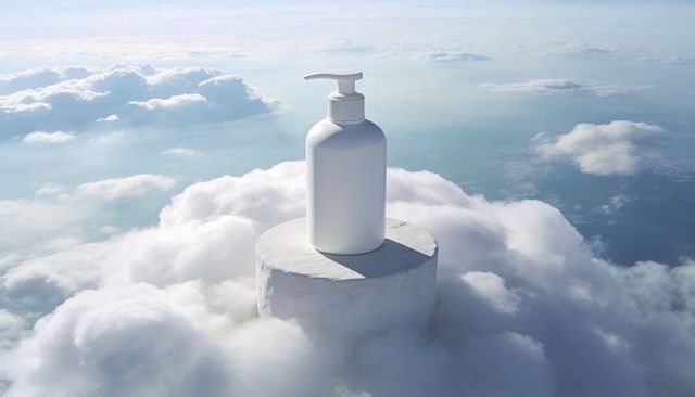 Floating white pump bottle resting on round pedestal above clouds for skincare branding