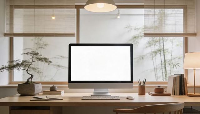 Minimalist zen home office with desktop monitor, bonsai, wooden desk and natural light