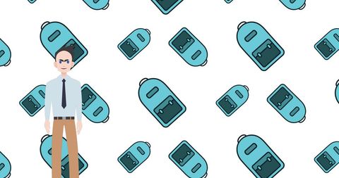 Mentor communicating professional advice among backpack icons