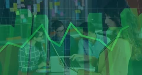 Team Analyzing Data with Rising Graph Trends in Modern Office