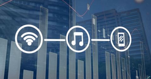 Digital Interface with Networking Icons Over Cityscape and Data Graphs - Download Free Stock Images Pikwizard.com