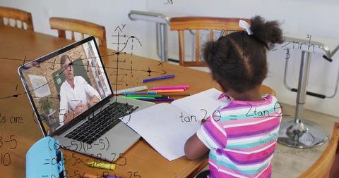 Child studying math remotely at home with laptop teacher, colorful markers and notes