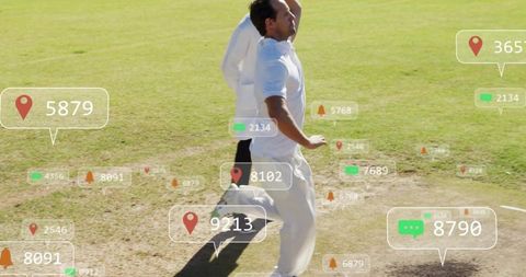 Cricket bowler celebrating with augmented reality social data overlays on field