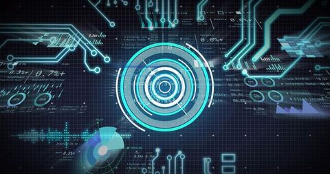 Futuristic cyber hud interface pulsing concentric rings neon cyan data analytics
