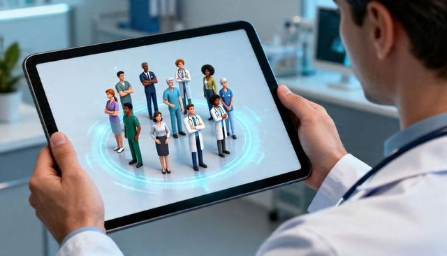 Clinician holding tablet presenting 3d healthcare avatars for telemedicine collaboration