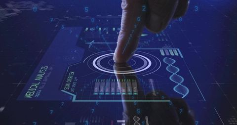 Pressing Finger Activating Holographic Medical Interface with DNA Helix and Diagnostic Data