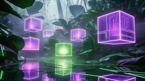 Neon wireframe cubes hovering in mystical tropical forest