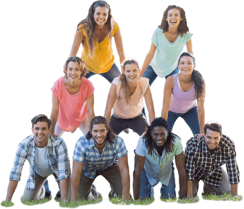 Diverse Group Joyfully Forming Transparent Human Pyramid Outdoors