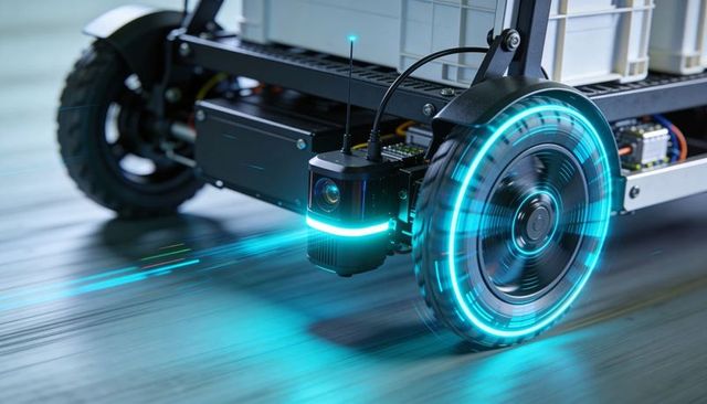 Autonomous delivery robot wheel glowing led sensor creating neon motion streaks