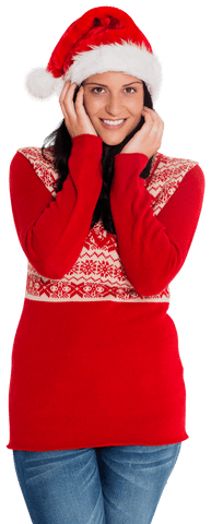 Smiling Woman in Santa Hat and Christmas Sweater on Transparent Background