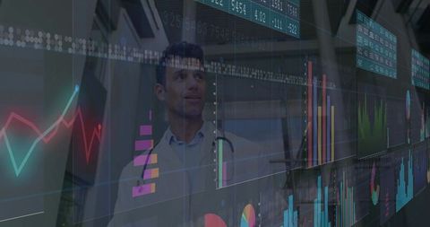 Doctor Analyzing Data on Futuristic Screens in Laboratory