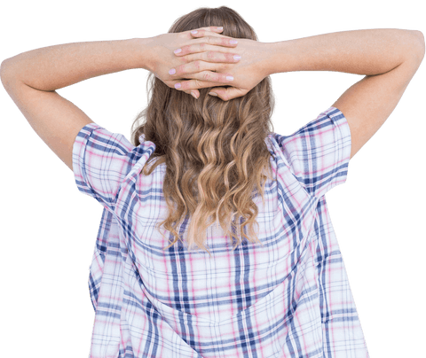 Caucasian Woman Sporting Plaid Shirt Holding Head on Transparent Backdrop