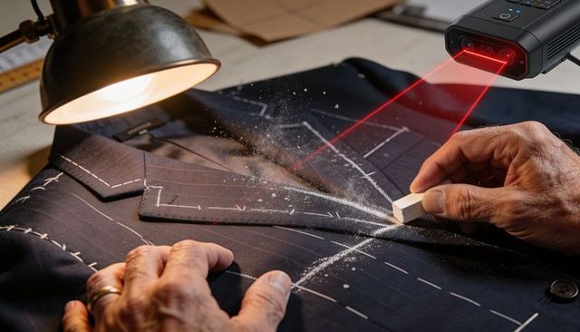 Tailor marking lapel with chalk and laser guidance on bespoke pinstripe jacket workshop