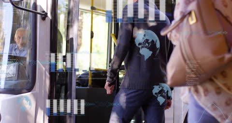 Commuters Boarding with Digital Financial Data Overlay