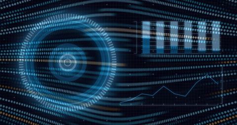 Rotating holographic HUD overlaying dotted data streams with bar and line charts