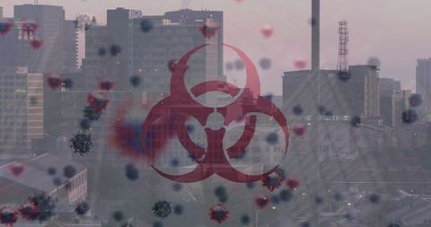 Biohazard Warning: Viral Particles Floating Over Industrial Cityscape