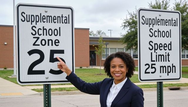 Smiling professional pointing at school zone 25 speed limit signs outside school curbside