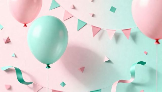 Floating mint and pink balloon with pennant banner and ribbons, pastel party backdrop