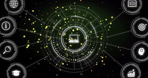 Ringed HUD network visualizing laptop hub with connected analytics icons and data orbs