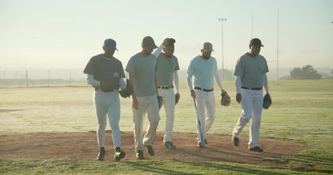 Walking Baseball Team on Morning Mound Demonstrating Teamwork, Unity, Practice Ritual